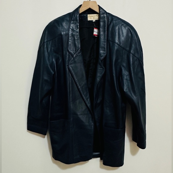 Vintage Genuine Leather Navy Blazer Style Jacket Large Front Pockets Size M - Picture 5 of 13